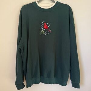 Vintage 90s Embroidered Bird Robin Green Christmas Winter Grandma Sweatshirt 2X